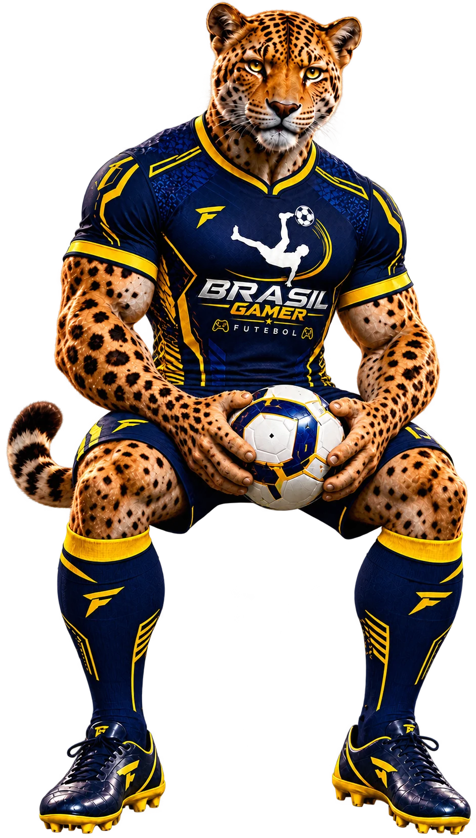 Mascote onça do Brasil Gamer Futebol sentado sobre a imagem dos prêmios